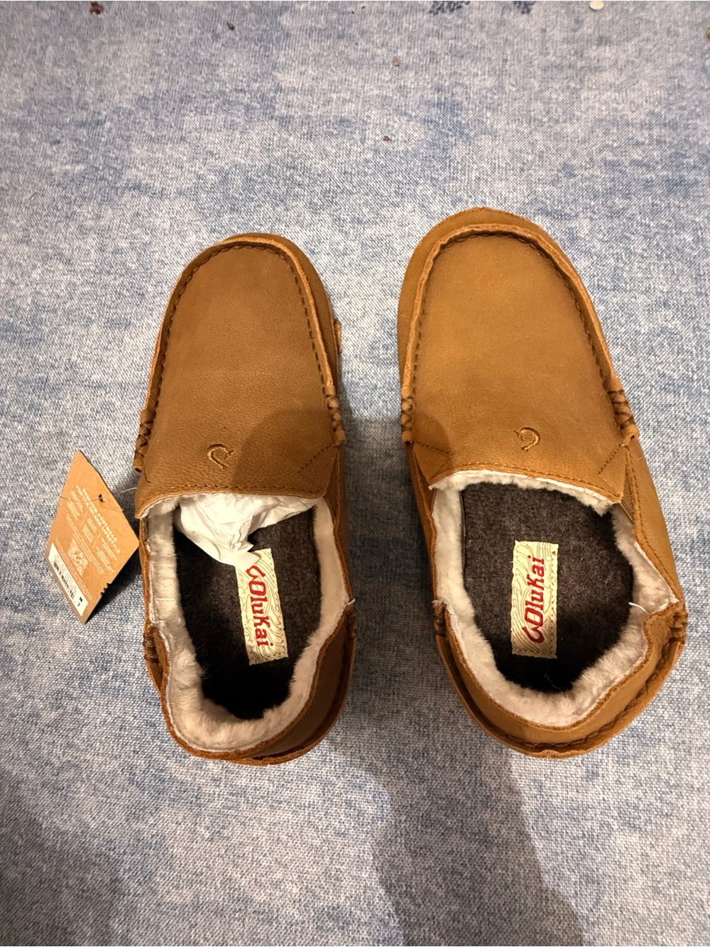 Olukai Tan Moccasin Slippers with Plush Lining